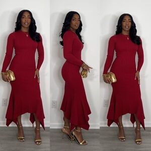 Ribbed Knit Long-Sleeve Mermaid Hem Dress - Red